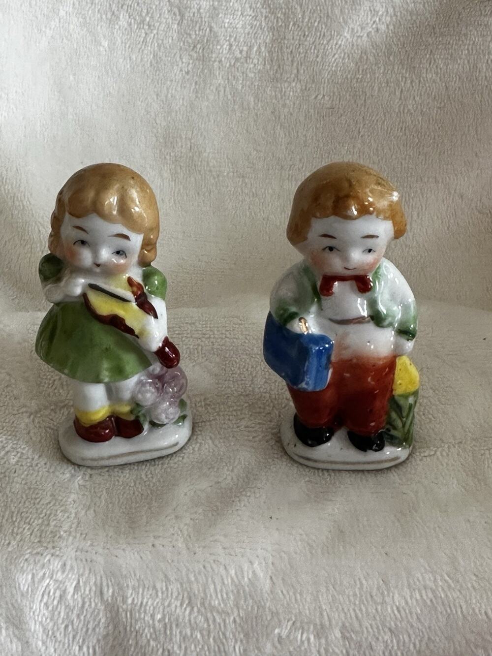 Lot of 2 Occupied Japan Figurines Girl w Violin - Boy w Briefcase 1940's Vtg